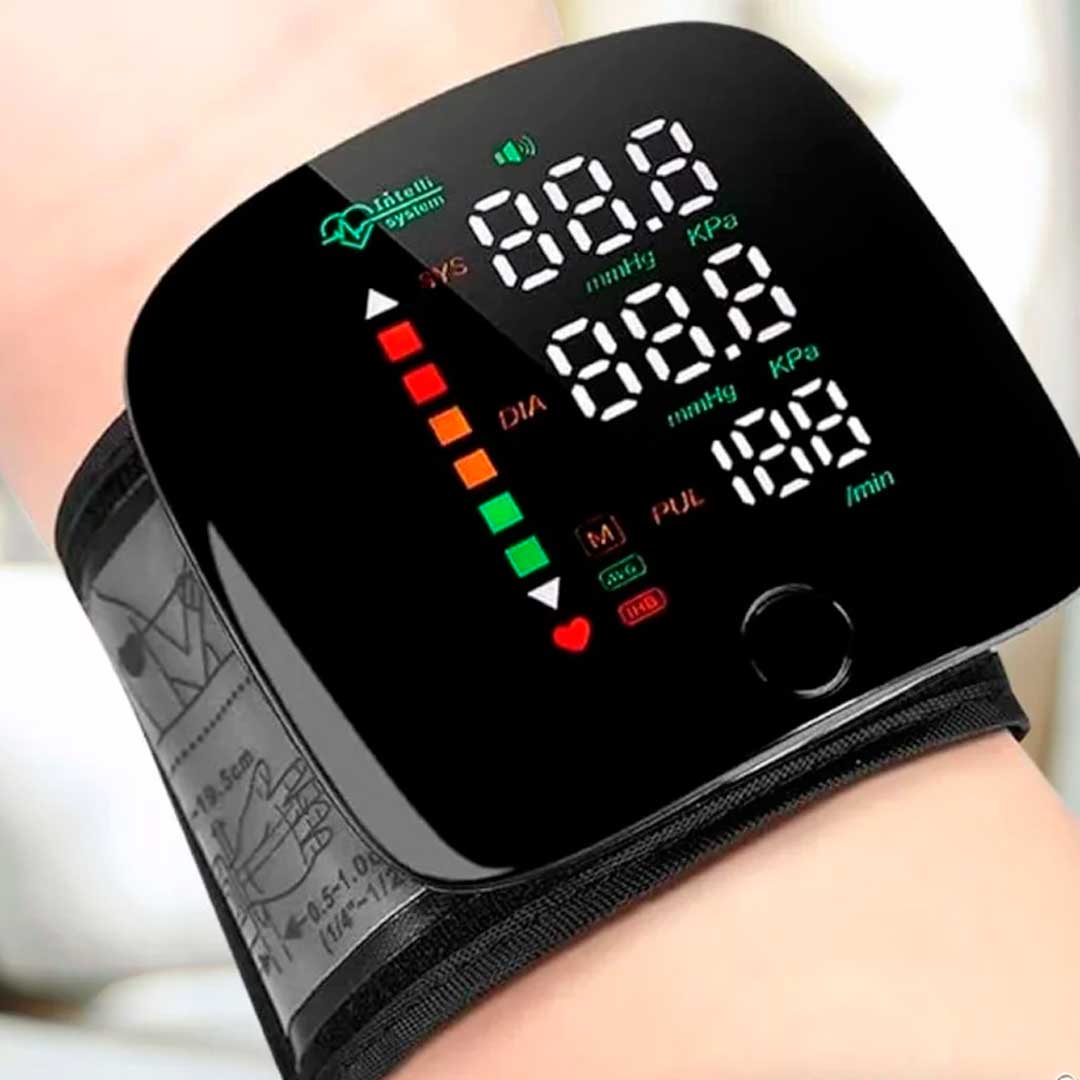 Monitor de presión arterial de muñeca con voz recargable