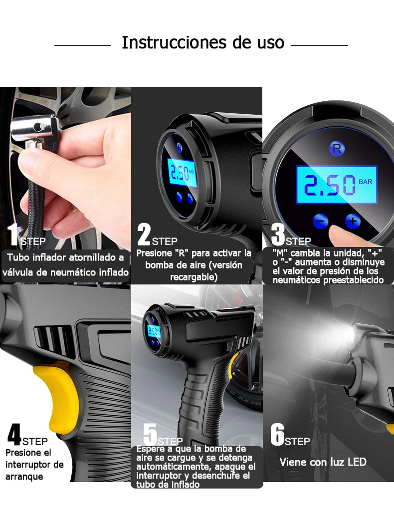 Inflador digital con luz LED 120W para coche