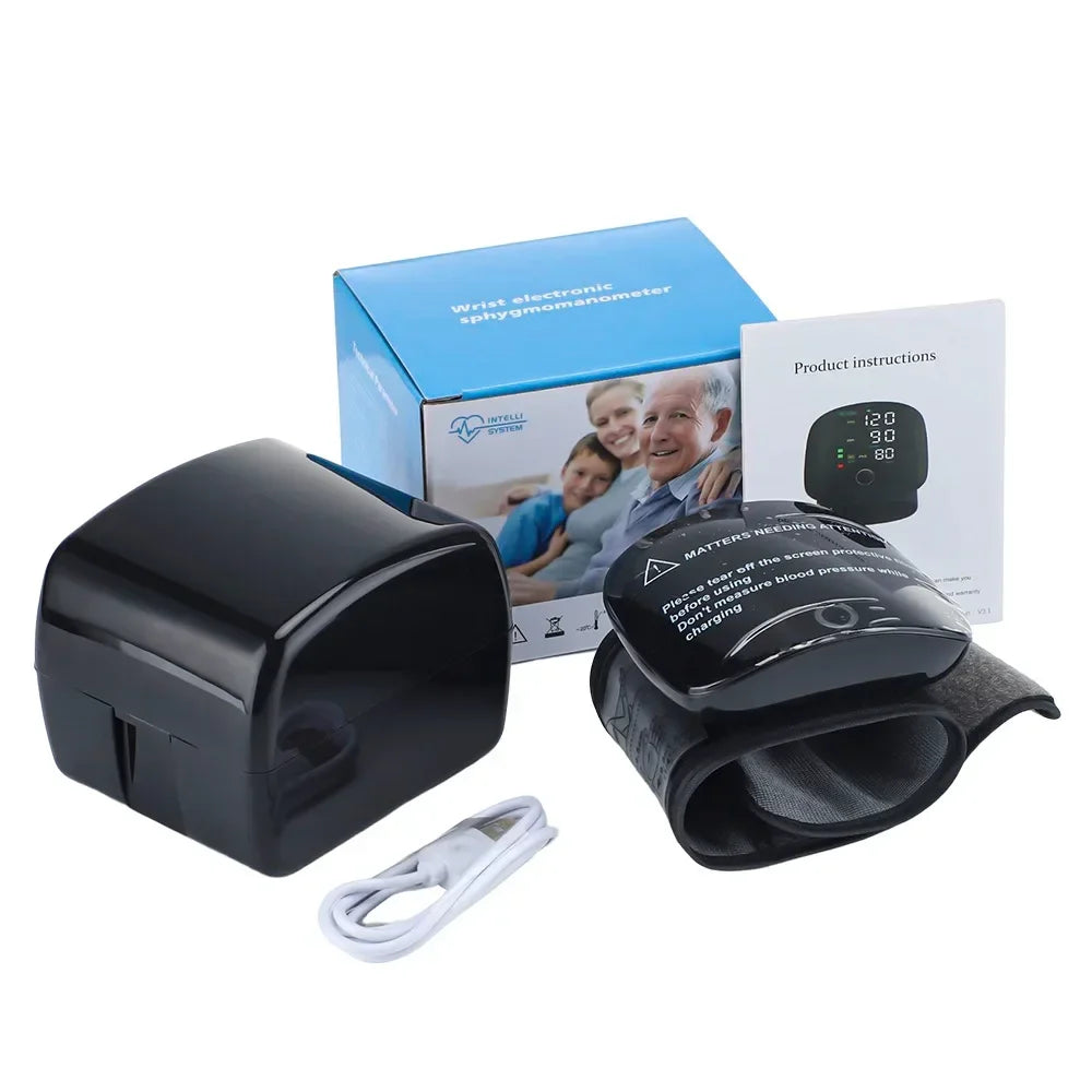 Monitor de presión arterial de muñeca con voz recargable