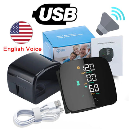 Monitor de presión arterial de muñeca con voz recargable