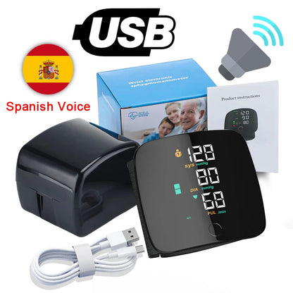 Monitor de presión arterial de muñeca con voz recargable